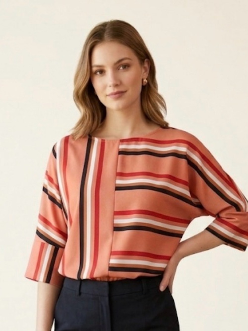 Express Women’s Oversized Top in Terraco, Black & Cream Multi Stripe- Small